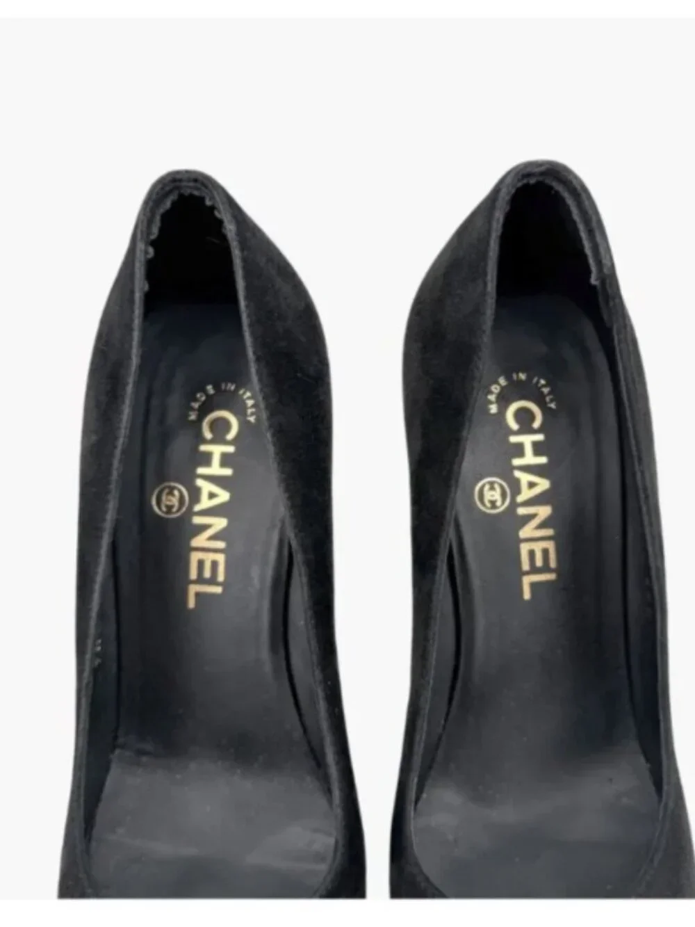 Chanel Pearl Platform Pumps Heels Cap Toe Black Suede Size 39 US 9